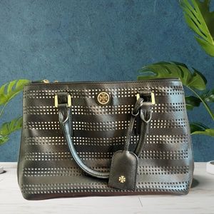 Tory Burch Robinson Birch Laser Cut Black Leather Handbag